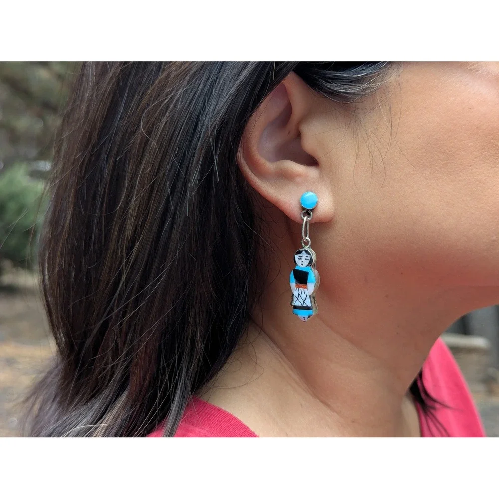 Handmade Native American Earrings Signed‎ Silver Zuni Corn Maiden Kachina **